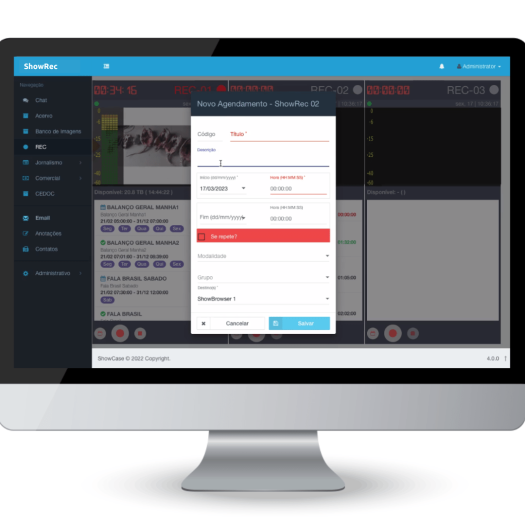 Tela de computador com o layout do “ShowRec”.